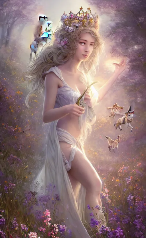 Image similar to A beautiful fantasy maiden, highly detailed full body, amazing flower tiara, wearing aristocrat robe, delicate figure, field of flowers, among foxes and deer, epic composition, ultra wide-shot, dynamic pose, concept art, beautifully lit, digital painting, smooth, character design, sharp focus, elegant, intricate, trending on artstation, by WLOP and James Jean and Victo Ngai