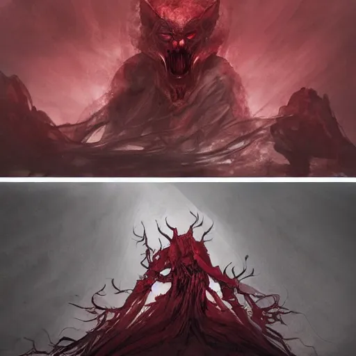 Image similar to super mad and with extrem anger lucifer in hell, oppressive and dark amotsphere with many shadows, blood and dark red highlights, dramatic horror concept art by aleksandra waliszewska and aoi ogata