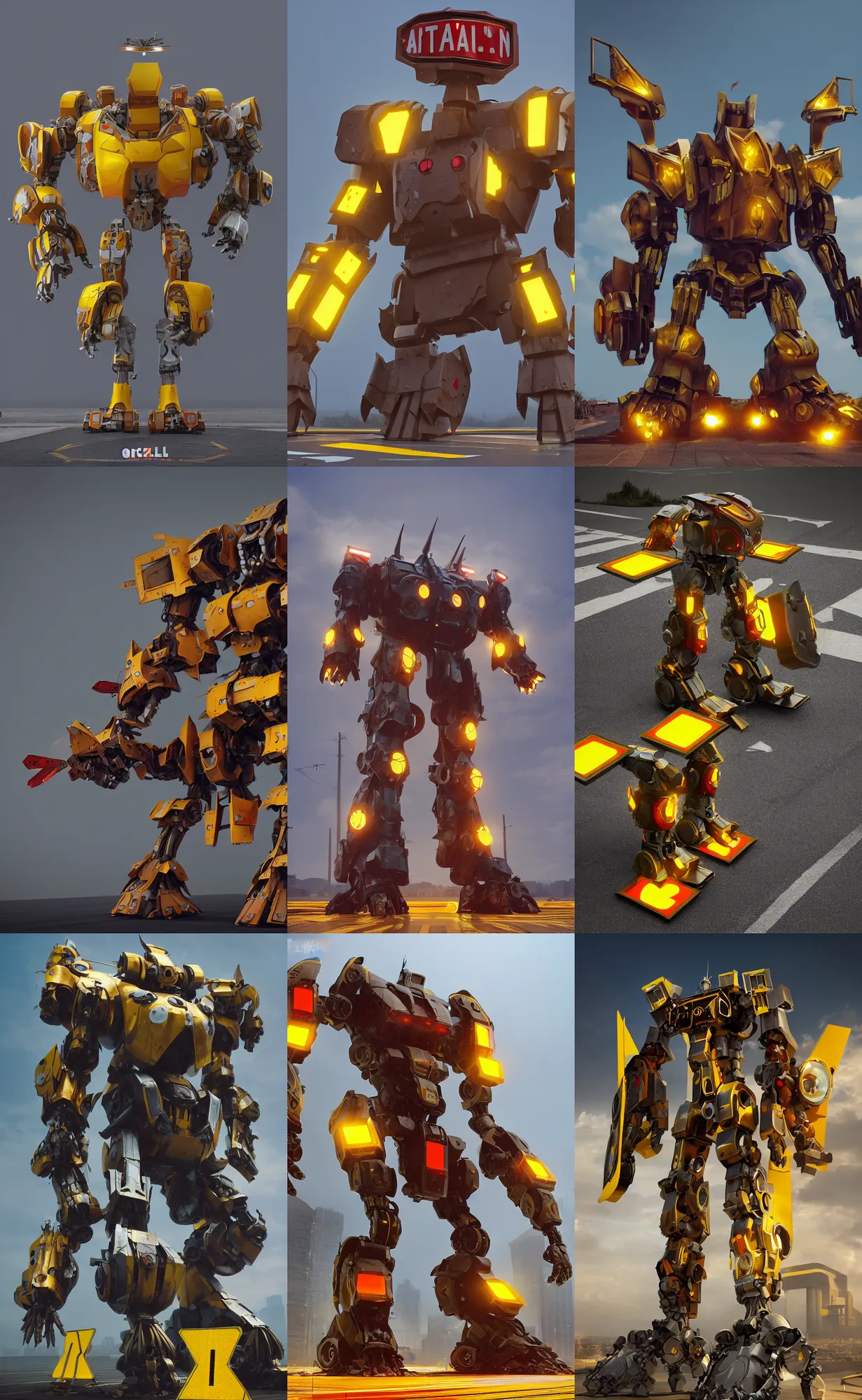 Prompt: giant mecha gladiator made of yellow road signs and a red stop sign on its head, character design trending on artstation, mecha, unreal engine, octane render, detailed model, hardsurface modelling, epic battle