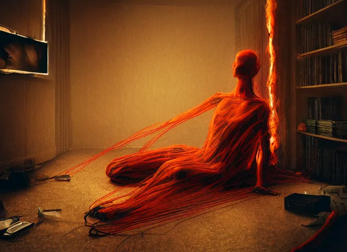 Image similar to rgb, portrait, woman, bedroom full of fire, rage, cinematic, movie scene, inspired by zdzislaw beksinski, clothes made out of veins,, cables everywhere, bedroom, ultra realistic, concept art, intricate details, highly detailed, photorealistic, octane render, 8 k