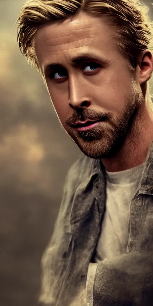 Image similar to Ryan Gosling is Jesus Christ, hyper realistic, very very very beautiful scenery, hd, hdr, ue5, ue6, unreal engine 5, cinematic 4k wallpaper, 8k, ultra detailed, high resolution, artstation, award winning