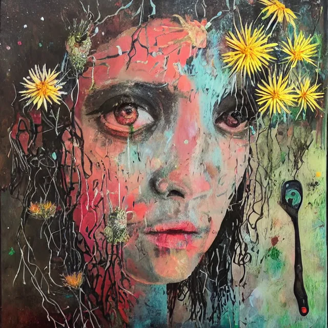 Prompt: “ a portrait in a female art student ’ s apartment, australian wildflowers, sensual, queer woman, flax, flannel flower, bottlebrush, eucalyptus, charred, bushfire, new leaves, art supplies, a candle dripping white wax, aboriginal art, berry juice drips, acrylic and spray paint and oilstick on canvas, surrealism, neoexpressionism ”