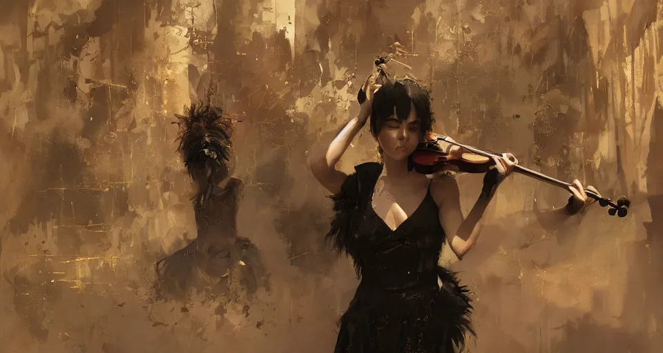 Image similar to craig mullins and ghibli digital art of stage, masked female violinists, solo performance ， exotic costumes, gold jewelry, black hair, realistic shading, cinematic composition, realistic render, octane render, detailed textures, photorealistic, wide shot