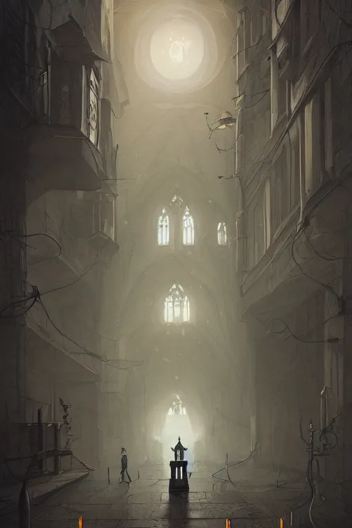 Image similar to illustration of close street view of gothic pipe organ, night, smoke, ground fog, by peter mohrbacher, by alex andreev, by jacek yerka, by alan lee, large depth of field, super detailed, digital art, trending on artstation, ornate