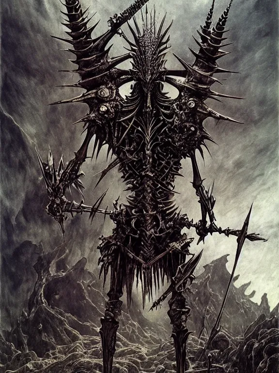 Prompt: A spiky horned skeleton with armored joints stands with a huge two-handed weapon. Extremely high detail, realistic, fantasy art, solo, bones, masterpiece, saturated colors, tangled, ripped flesh, art by Zdzisław Beksiński, Arthur Rackham, Dariusz Zawadzki