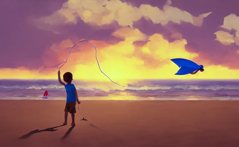 Prompt: child flying a kite at the beach by atey ghailan and garmash, michael, cinematic, volumetric lighting, sunset
