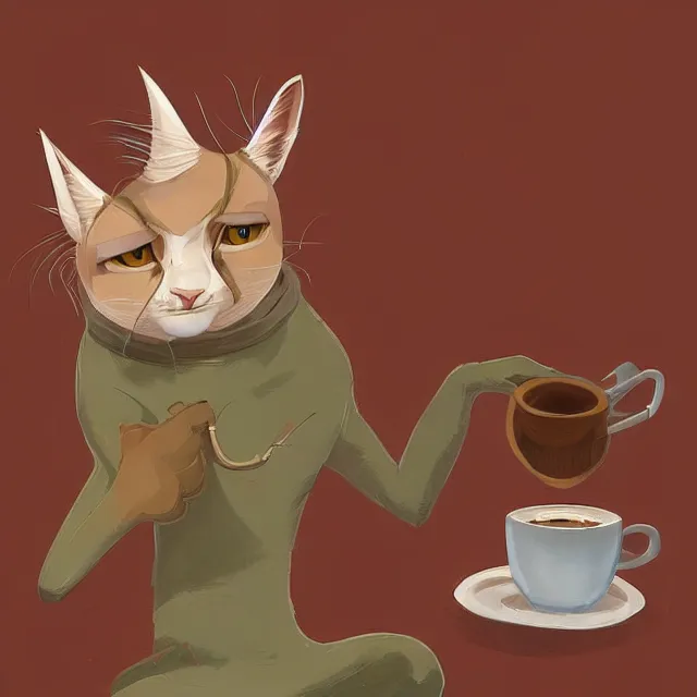 Prompt: cute caracal drinking coffee, by cory loftis, character art, art, very coherent, plain background, lighthearted, soft painting