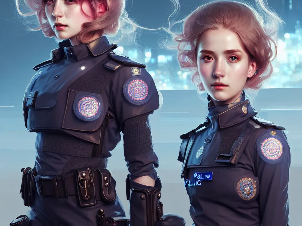 Image similar to portrait futuristic england police uniform girl, at future neon light rooftop, ssci - fi and fantasy, intricate and very very beautiful and elegant, highly detailed, digital painting, artstation, concept art, smooth and sharp focus, illustration, art by tan zi and ayanamikodon and alphonse mucha and wlop