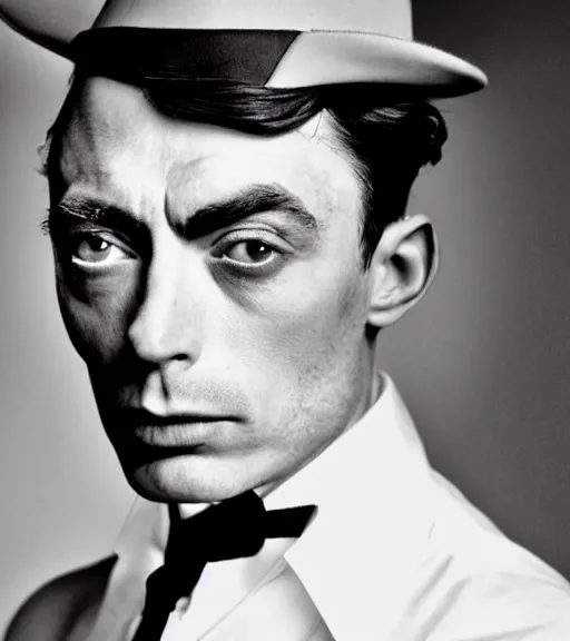 Image similar to a man who is a genetic combination of buster keaton and james dean, face and shoulders focus