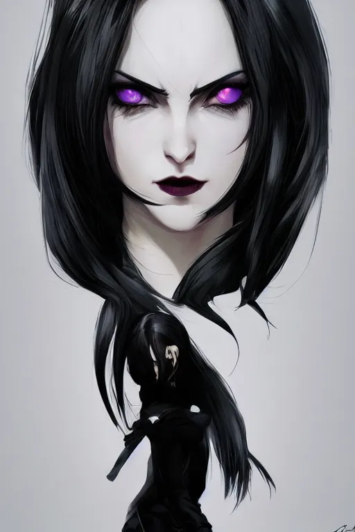 Prompt: grumpy dark haired women, ice mage, medium shot, by travis charest and ilya kuvshinov, black coat, black makeup, shooting ice, fantasy artwork, fantastic artwork, 4 k, trending on artstation