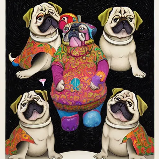 Prompt: pugs we're going to dance and have some fun, head banging groove is in the heart, painted by james jean and fernando botero