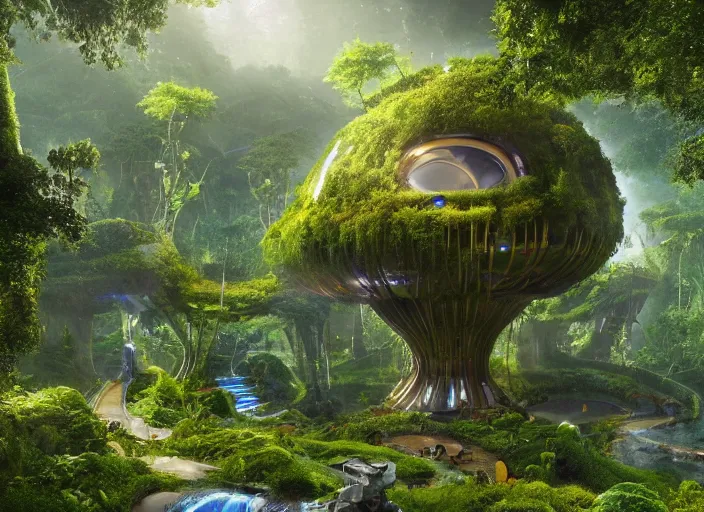 Image similar to detailed underground lair hideout, complex robotic apparatus, shire, utopian hobbit-hole, intricate futuristic technology, arcology made out of lush flora, dense quaint pastoral fantasy landscape, giant PC water cooling tubes filled with glowing liquid illuminating, shire, magic hour, futuristic treehouse jungle, 3d render by Ivan Shishkin