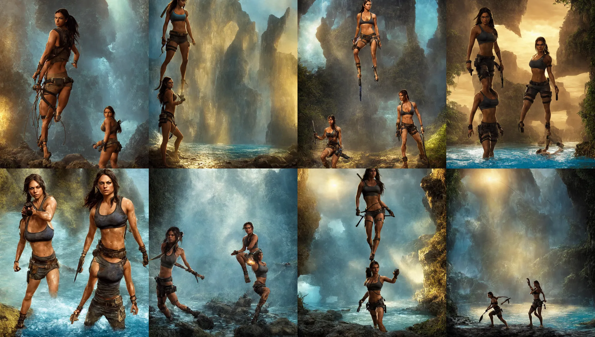 Prompt: muscled young mila kunis as lara croft as a ruggedly handsome amazon wading through shallow blue glowing water, 2 0 0 mm focal length, epic vista, ruins, sundown, golden hour, intricate, elegant, stanley lau, greg rutkowski