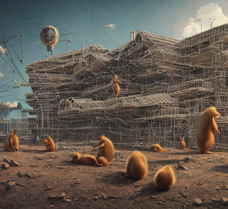 Image similar to hyperrealism caravaggio and mike winkelmann style photography hyperrealism concept art of highly detailed beavers builders that building highly detailed futuristic from far future city by wes anderson and hasui kawase and scott listfield sci - fi style hyperrealism rendered in blender and octane render volumetric natural light