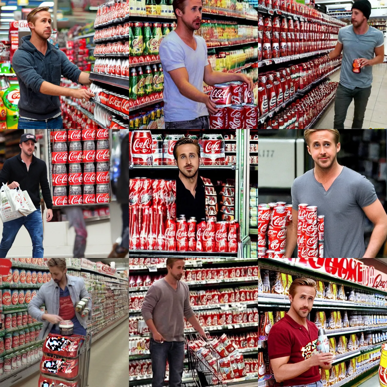 Prompt: Ryan gosling stacking coca cola cans in supermarket