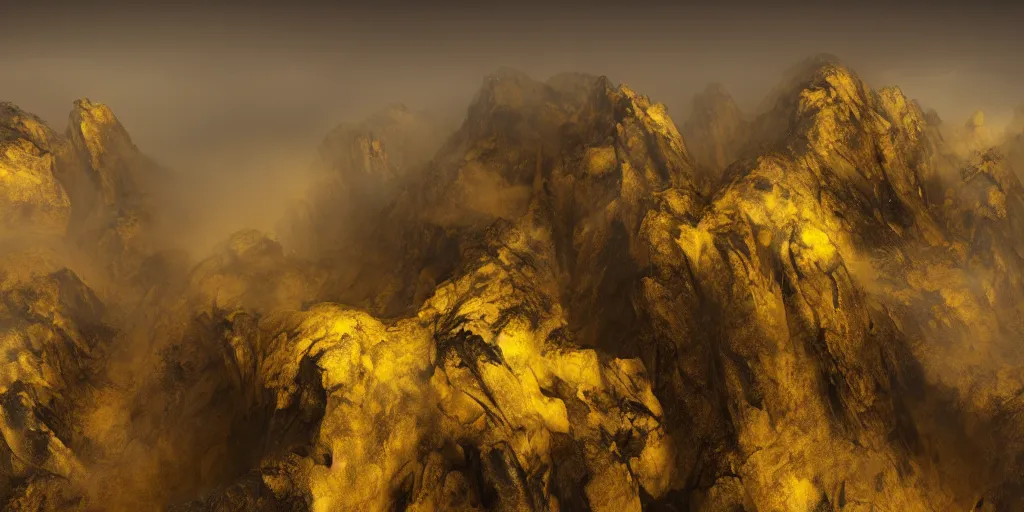 Image similar to a mountainous landscape full of active vulcanoes and a yellow fog and with a yellow cloudy sky, hyperrealistic, concept art, octane render, unreal engine 5, trending on deviantart, venus surface, path traced, no life, dramatic lighting, low contrast, trending on artstation, high quality, highly detailed, 8 k, cinematic, high coherence