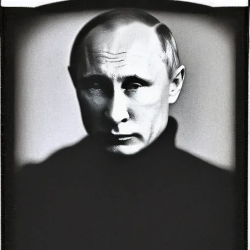 Prompt: vladimir putin, found in cave corner, polaroid black and white picture, 1 9 th century, scary horrifying