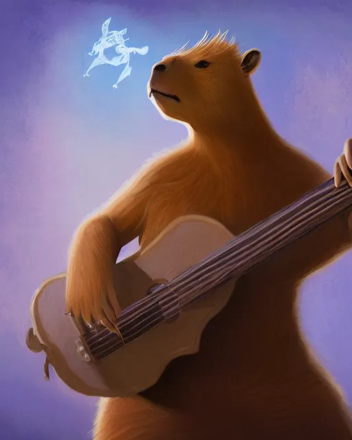 Image similar to Capybara playing Guitar, portrait, dress, magic the gathering artwork, D&D, fantasy, cinematic lighting, centered, symmetrical, highly detailed, digital painting, artstation, concept art, smooth, sharp focus, illustration, volumetric lighting, epic Composition, 8k, art by Akihiko Yoshida and Greg Rutkowski and Craig Mullins, oil painting, cgsociety