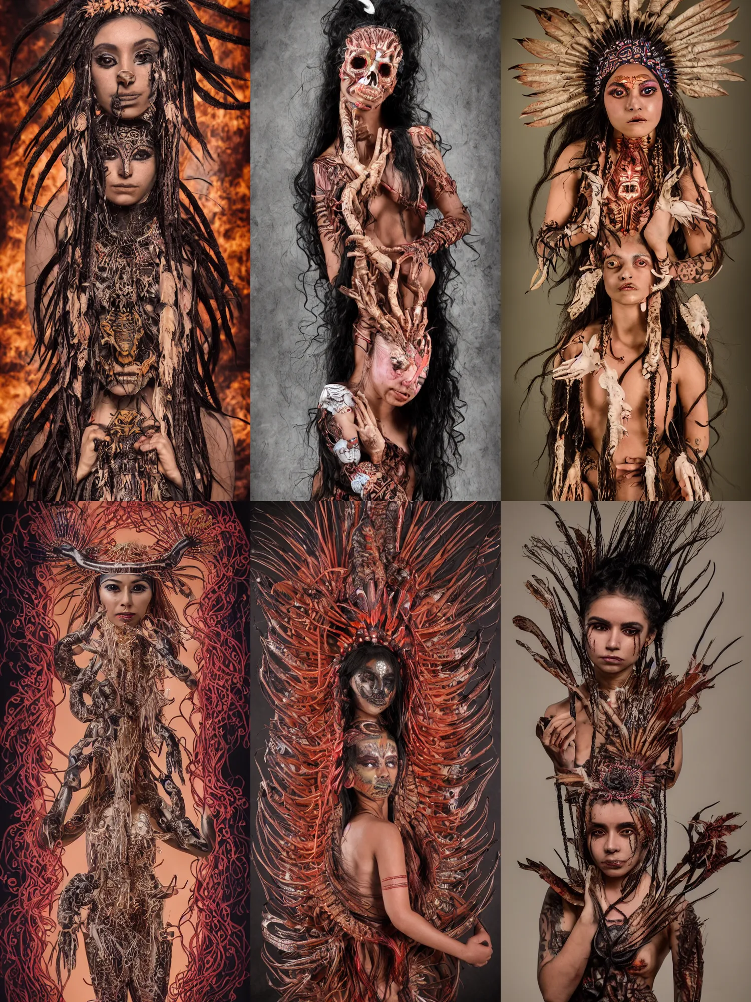 Prompt: a beautiful young indigenous mexican woman, cuaxolotl, the dual goddess of death and fertility, the fire goddess, a beautiful young indigenous mexican woman. shiny obsidian glass, intricate 8 k detail, techno artwork, nychos art aesthetic, vesalius anatomy, jordan matter photography, dark dance photography aesthetic, dance photography sofie dossi jordan matter
