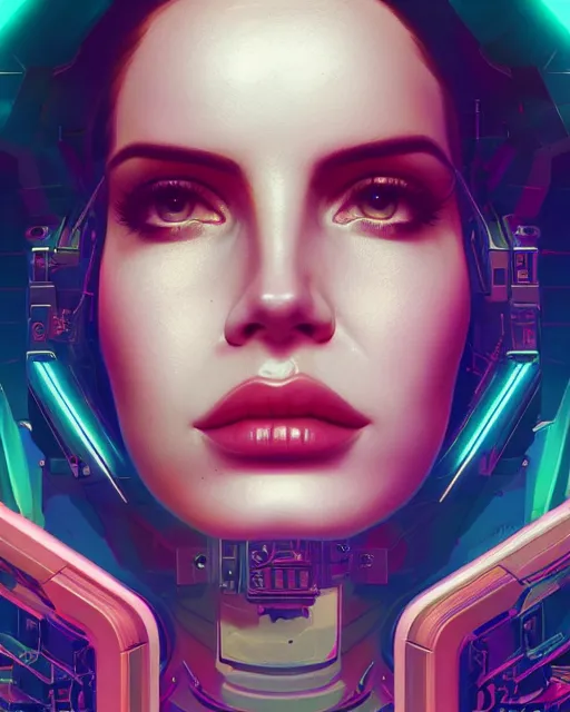 Image similar to portrait of lana del rey as a cyborg. intricate abstract. intricate artwork. by tooth wu, wlop, beeple, dan mumford. octane render, trending on artstation, greg rutkowski very coherent symmetrical artwork. cinematic, hyper realism, high detail, octane render, 8 k, iridescent accents