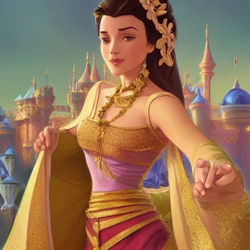 Image similar to beautiful princess jasmin, disney, palace background, intricate, elegant. highly detailed, digital painting, artstation, concept art, smooth, sharp, focus, illustration. art by artgerm and greg rutkowski and alphonse mucha