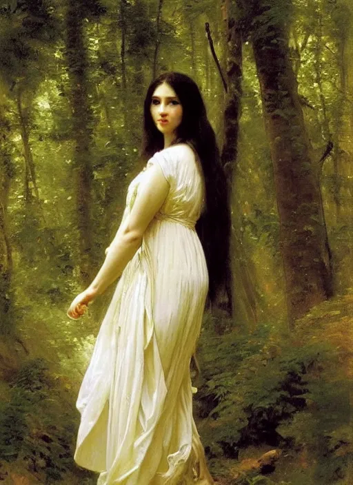 Prompt: a woman with long flowing hair and a flowing white dress in a forest by robert mccall, william - adolphe bouguereau