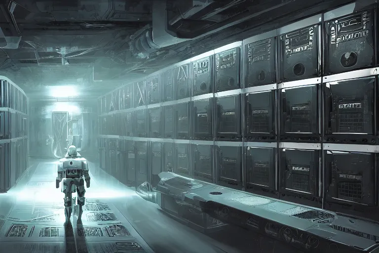 Image similar to parallax datacenter server room interior single mono colossus white rusty android guest robosaurus tusk artstation cinematic detailed concept art sharp coherent cgsociety symmetric perfect well balanced shadows lotr swithes routers starwars