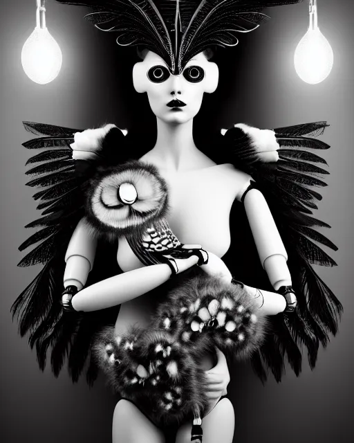 Image similar to surreal mythical dreamy dark artistic black and white fine art 3 / 4 fashion portrait photo of a young beautiful delicate female robot - owl with orchid - doll face, rim light, cinematic, studio dramatic light, poetic, masterpiece, octane render, 8 k, photo - realistic by gustave dore hg giger and man ray