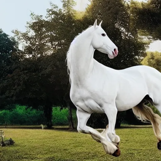 Image similar to a beautiful white realistic horse that is held up by 2 realistic human hands