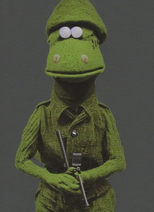 Image similar to grainy 1940’s WWII military portrait of an anthropomorphic frog muppet dressed like a soldier, professional portrait HD, frog, frog head, authentic, Kermit, muppet weird