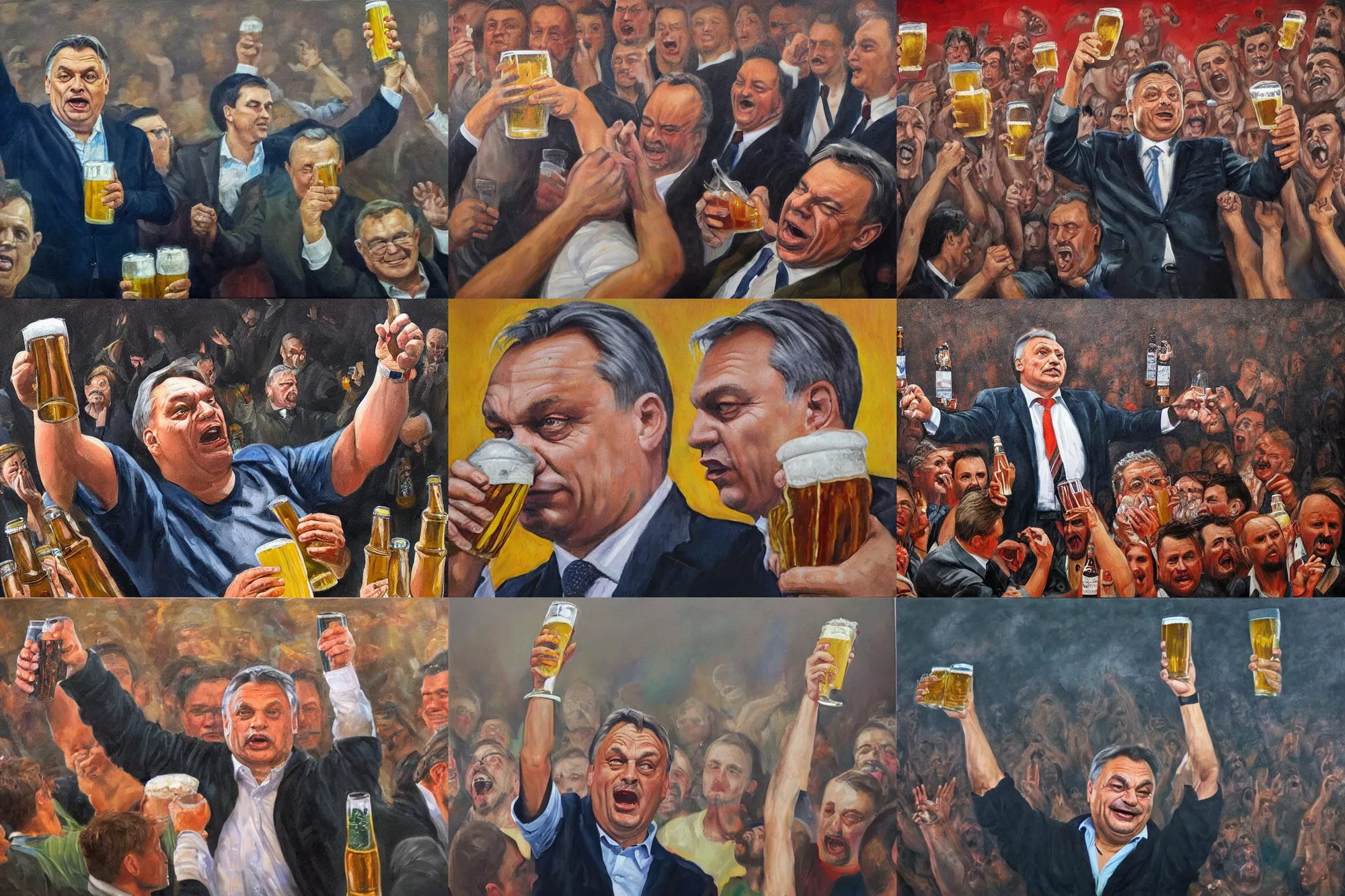 Prompt: viktor orban drinking beer and cheering at the apocalyse, highly detailed, oil on canvas