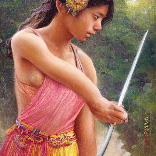 Prompt: a ultradetailed beautiful painting of a latina brazilian venezuelan young woman girl holding a sword in the amazonas by cheng hsiaoron, ngai victo, nivanh chanthara jean delville wlop and dougherty patrick, trending on artstation, scifi, futurism, postcapitalism, octane rendering, sharp focus, soft light - n 9