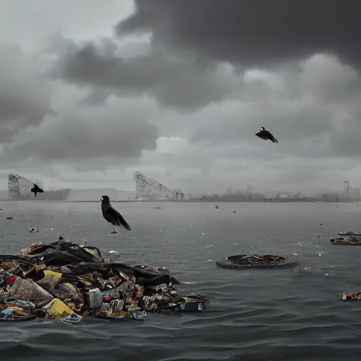 Image similar to on water, enormous huge piles of tyres and garbage floating as islands, seagulls flying in the forecasted sky, dramatic light, rainy weather, wet, detailed, wide shot, 8K mate painting, concept