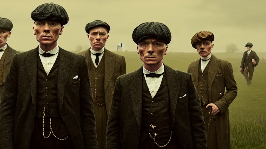 Image similar to the peaky blinders made of of peanuts, film still from the movie directed by denis villeneuve with art direction by zdzis