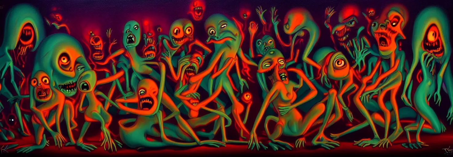 Image similar to visceral freaky monsters from the darkest depths of collective unconscious, dramatic glowing lighting, 1 9 3 0 s fleischer cartoon characters, wild emotional expressions - surreal painting by ronny khalil