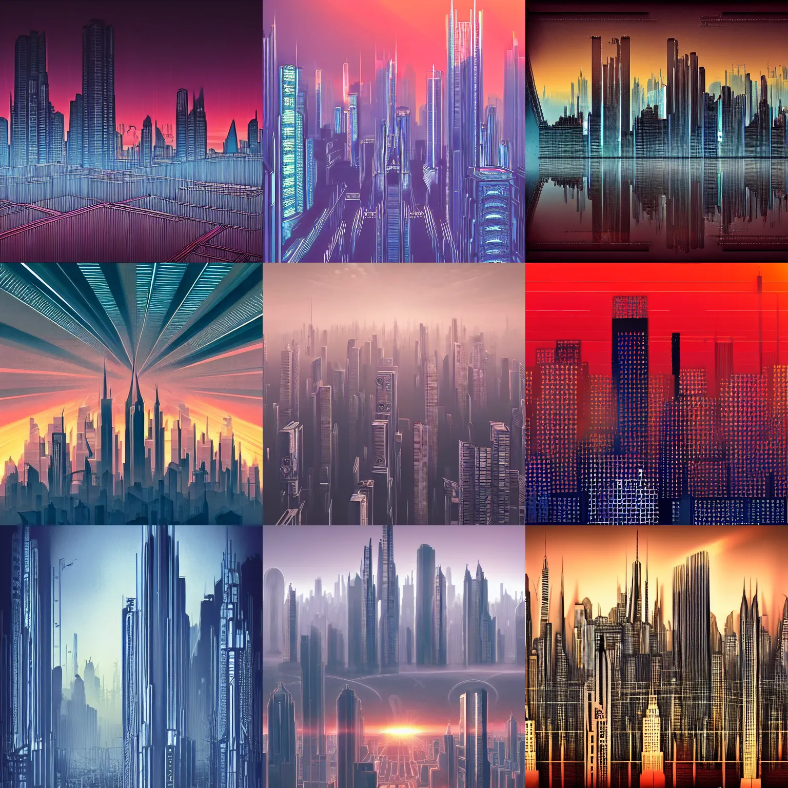 Prompt: beautiful detailed hyperrealistic photo of a symmetric cyberpunk art deco skyline at dawn