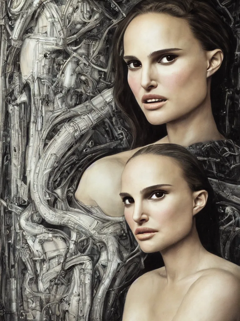 Image similar to a beautiful portrait of natalie portman by h.r. giger and by Annie Leibovitz, detailed, proportional, trending on art station, 4k