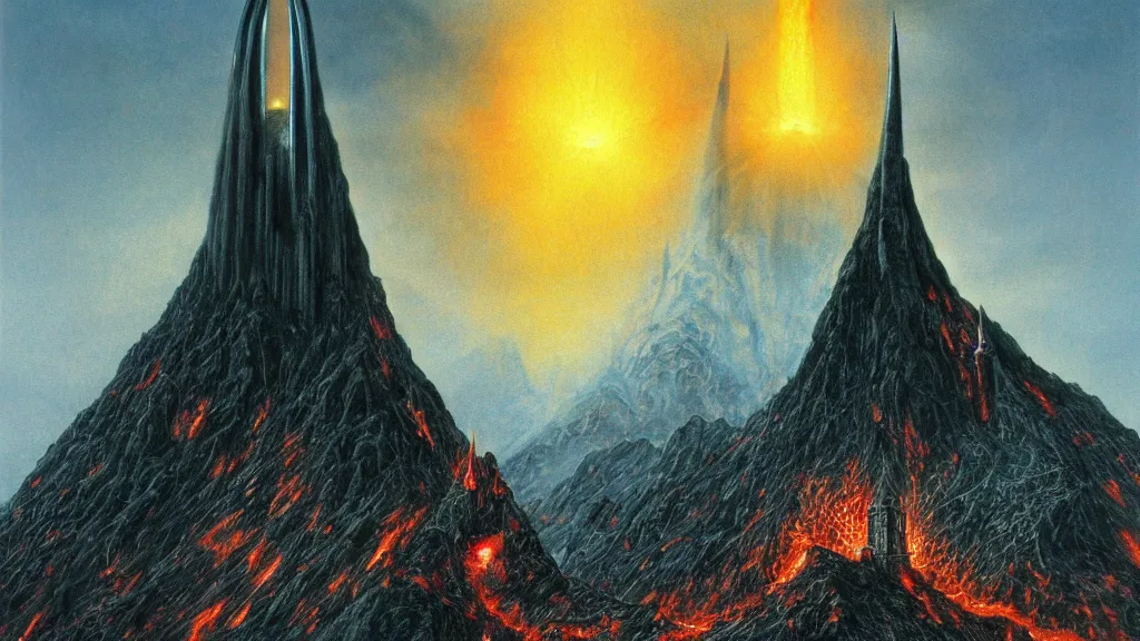 Image similar to mordor, flaming eye of sauron above the tower of darad - dur, by alan lee, intricate, lord of the rings calendar, smooth, detailed terrain, oil painting, trending artstation, concept art, matte painting