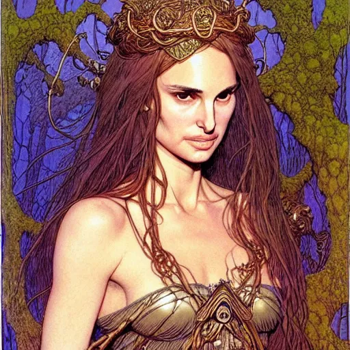 Image similar to a realistic and very beautiful and atmospheric portrait of a young natalie portman as a druidic wizard looking at the camera with an intelligent but seductive gaze by rebecca guay, michael kaluta, charles vess and jean moebius giraud