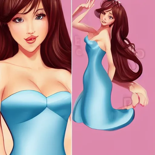 Image similar to very very very beautiful princess in a skintight satin prom dress smiling flirty eye contact, drawn by artgerm