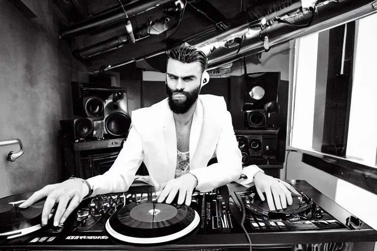 Prompt: gigachad as a dj, black and white photography, highly detailed