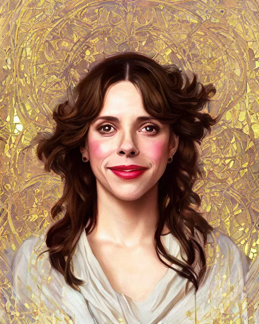 Prompt: a portrait painting of sabrina lloyd / nicole de boer / rachel mcadams / perdita weeks / alison brie hybrid oil painting, gentle expression, smiling, elegant clothing, scenic background, behance hd by artgerm, helen huang, by alphonse mucha, greg rutkowski, tim hildebrandt, boris vallejo