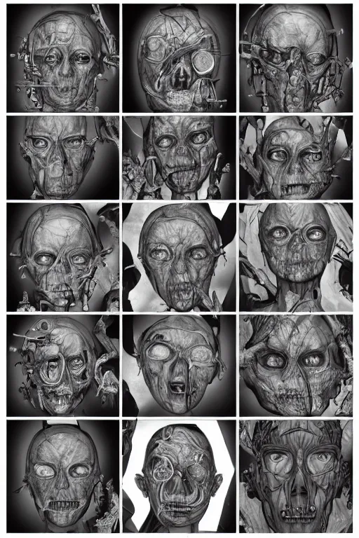 Image similar to facial anatomy with gunmetal grey skin, medical anatomy, very symmetrical face, highly detailed, three - perspective / three - view reference sheet ( front / back / side ), in the style of dan ouellette, steven jung, amanda lilleston, hr giger, sil from species, dren from splice, mecha, artstation, unreal engine