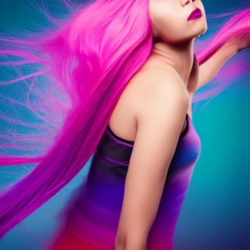 Image similar to a award winning full body shot of a beautiful woman in a croptop with a ombre purple pink teal hairstyle with head in motion and hair flying, outrun, vaporware, vivid colors, highly detailed, fine detail, intricate