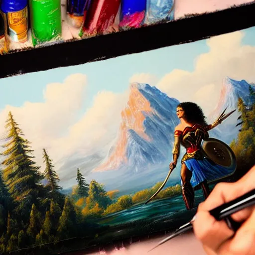 Image similar to a closeup photorealistic photograph of bob ross working on a canvas painting of wonder woman. film still. brightly lit scene. mountains and trees. this 4 k hd image is trending on artstation, featured on behance, well - rendered, extra crisp, features intricate detail, epic composition and the style of unreal engine.