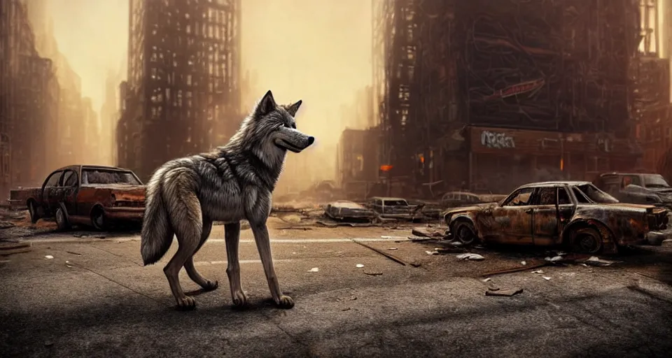 Prompt: A beautiful hyper realistic ultra detailed lifelike matte painting of a scruffy Timber Wolf standing in the middle of an abandoned post-apocalyptic New York City street at night with cars and buildings enflamed on fire, unreal engine, deviantart, flickr, artstation, octane render, textured, colorful, extreme realistic detail, physically based rendering, pbr render, very detailed, volumetric lighting, detailed lighting, octane render, 4k, cinematic lighting, 8k resolution