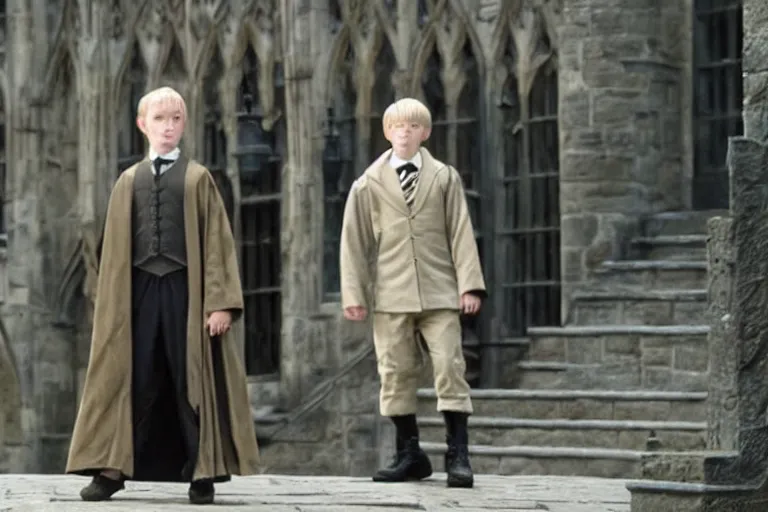 Image similar to film still Haley Joel Osment as Draco Malfoy wearing hogwarts uniform in Harry Potter movie