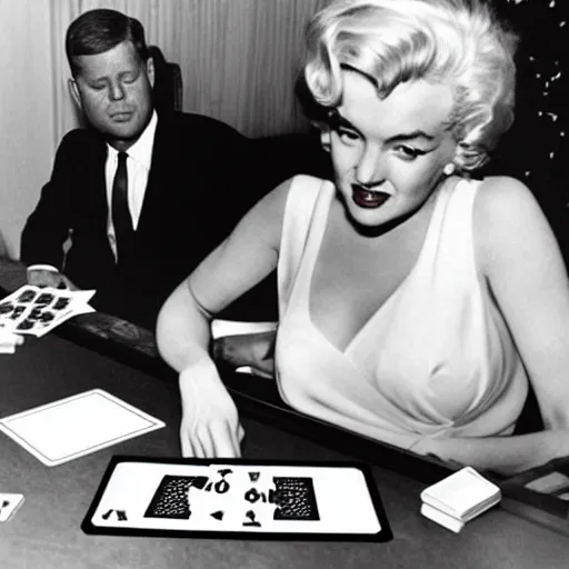 Image similar to marilyn monroe and jfk playing yu - gi - oh with dual disks