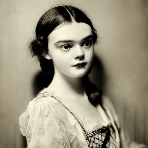 Image similar to headshot edwardian photograph of middle - aged elle fanning, 1 9 2 0 s film actress, realistic face, 1 9 3 0 s, grainy, victorian, detailed, slightly blurry