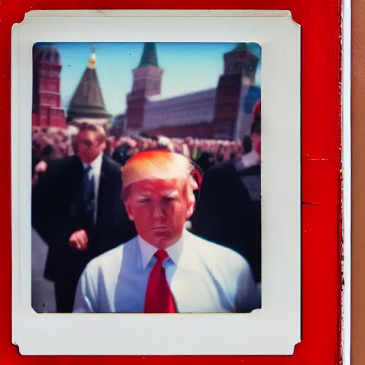 Prompt: vintage Polaroid of Trump vibin' on red square, close up